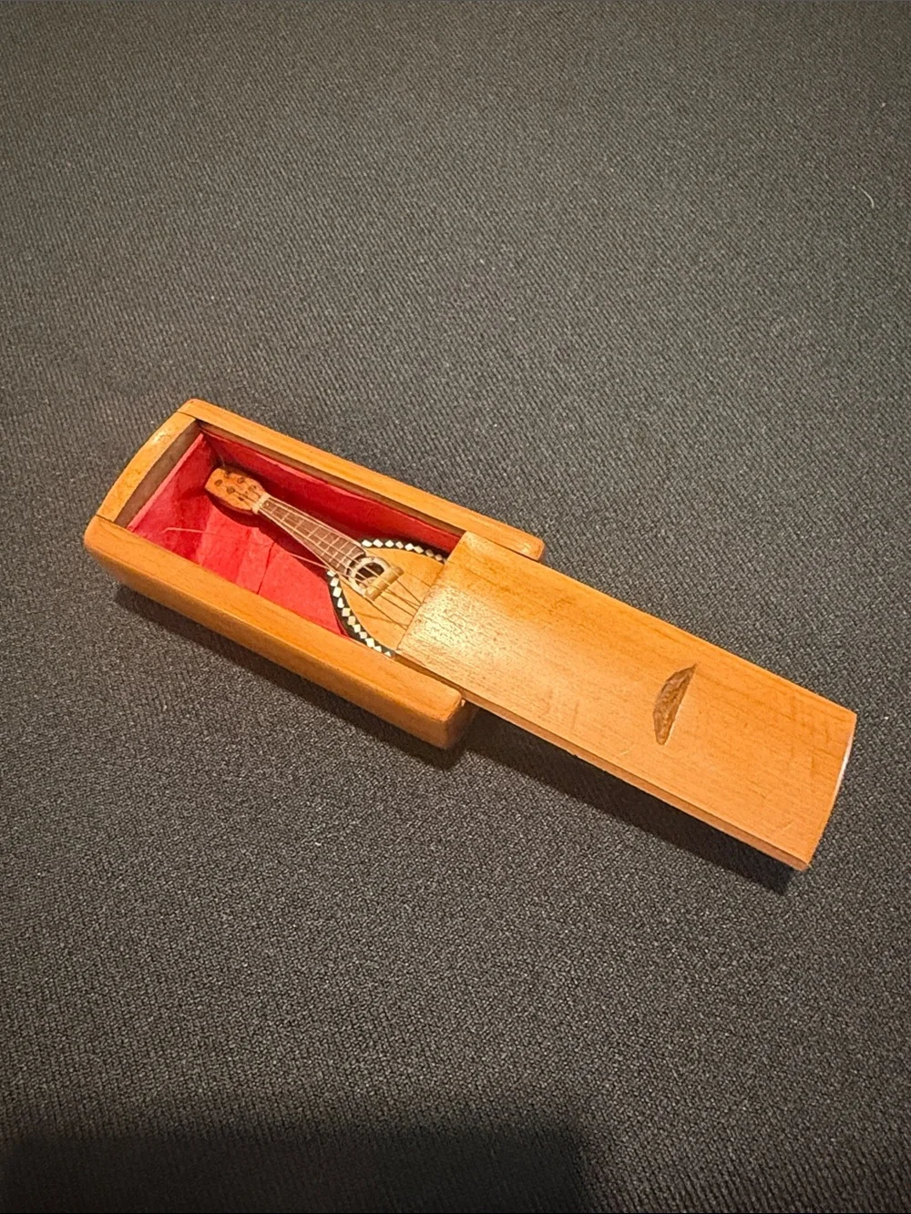 Handmade Inlaid Wooden Miniature Guitar in Sliding Box -